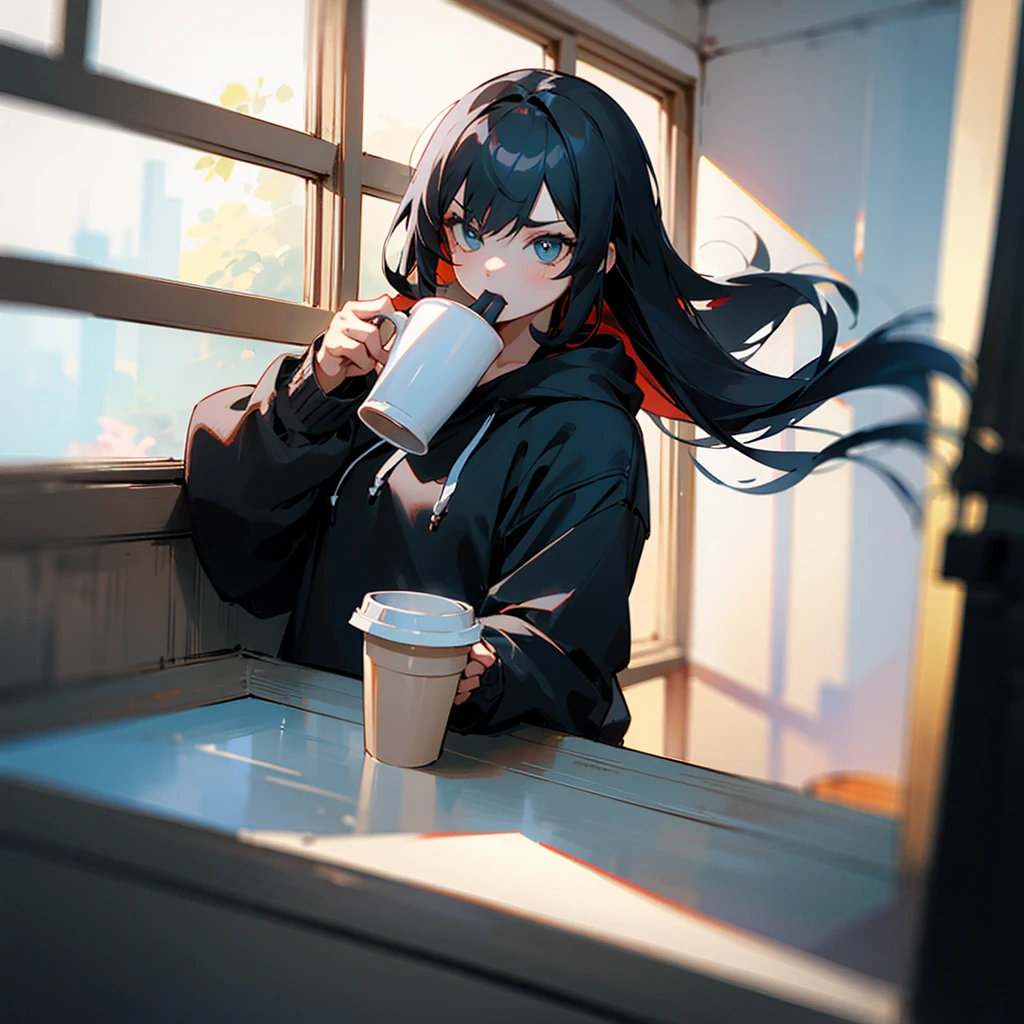 1 girl, black hoodie, long hair, super beautiful, cool, intimidation, black hair, drinking coffee, window