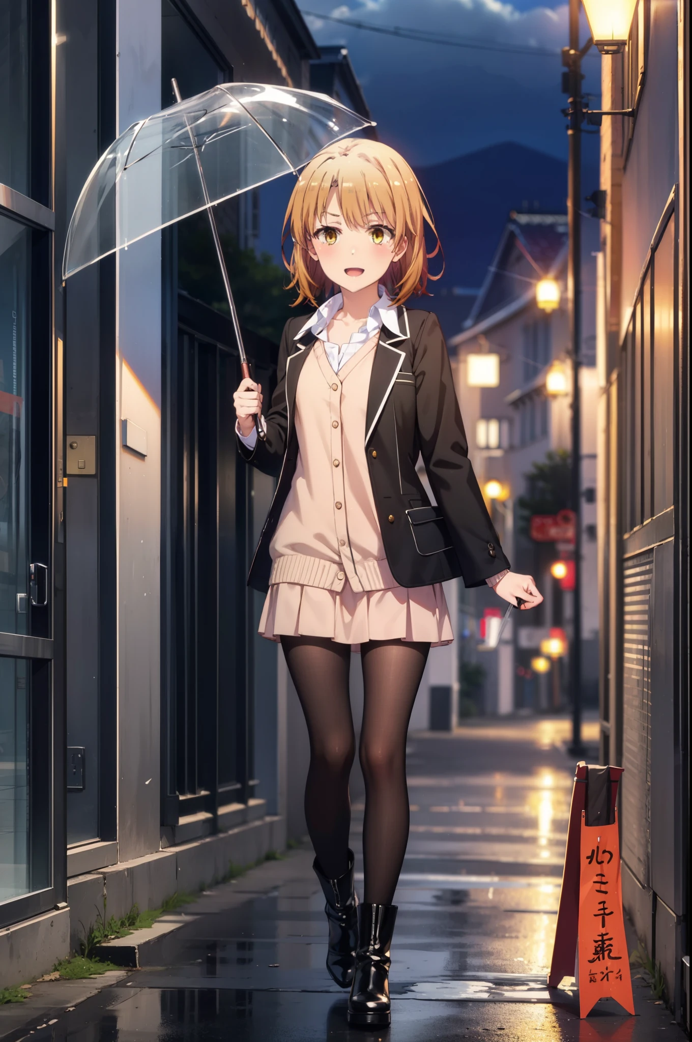 Irohaisshiki, isshiki iroha, short hair, Brown Hair, (Brown eyes:1.5), happy smile, smile, Open your mouth,blush,black rider jacket　Open front,V-neck shirt,mini skirt,Black pantyhose,short boots,Walking,He is holding the grip of a black umbrella in his right hand.,rain,cloudy,Walking,whole bodyがイラストに入るように,
break outdoors, Building district,crowd, people々々,
break looking at viewer,whole body,
break (masterpiece:1.2), Highest quality, High resolution, unity 8k wallpaper, (figure:0.8), (Beautiful attention to detail:1.6), Highly detailed face, Perfect lighting, Highly detailed CG, (Perfect hands, Perfect Anatomy),