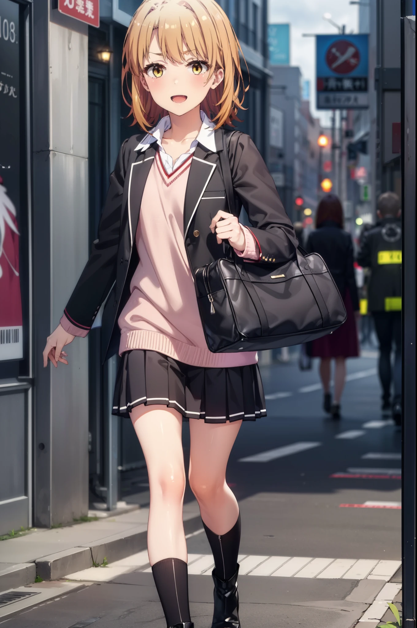 Irohaisshiki, isshiki iroha, short hair, Brown Hair, (Brown eyes:1.5), happy smile, smile, Open your mouth,blush,black rider jacket　Open front,V-neck shirt,mini skirt,Black pantyhose,short boots,Walking,He is holding the grip of a black umbrella in his right hand.,rain,cloudy,Walking,whole bodyがイラストに入るように,
break outdoors, Building district,crowd, people々々,
break looking at viewer,whole body,
break (masterpiece:1.2), Highest quality, High resolution, unity 8k wallpaper, (figure:0.8), (Beautiful attention to detail:1.6), Highly detailed face, Perfect lighting, Highly detailed CG, (Perfect hands, Perfect Anatomy),