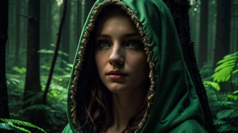 ((Best Quality, 8k, Masterpiece: 1.4)),((Amazing detail: 1.3)),((illustration: 1.2)),((high resolution: 1.1)),creepy, horror, human figure of woman , luminous style, Luminous fantasy , Hooded coat, light colors, realist, Bright atmosphere, chiaroscuro, movie forest, peristaltic, colorful, trees and vegetation