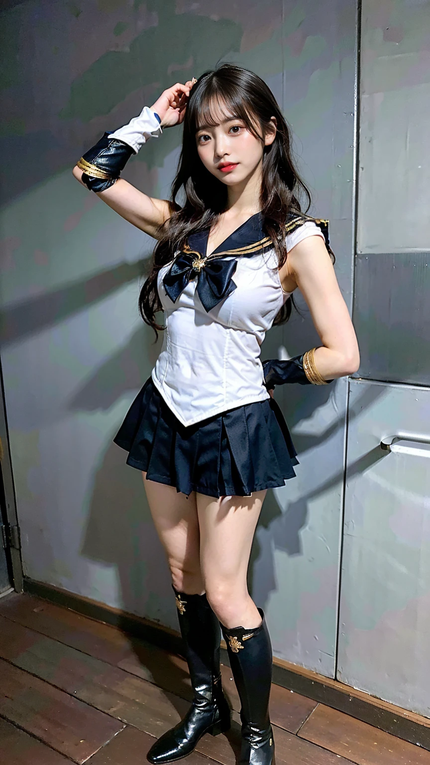 (8K、RAW Photos、Highest quality、masterpiece:1.2)、(Realistic、Realistic)、1 girl、((Sailor Warrior Outfits:1.5、With pubic hair、Large Breasts、Full body from the front、Standing with hands behind back、))、Lots of eyelashes、Glowing eyelids、skeletally correct、smile、This photo will awaken boys to sex、Public toilets