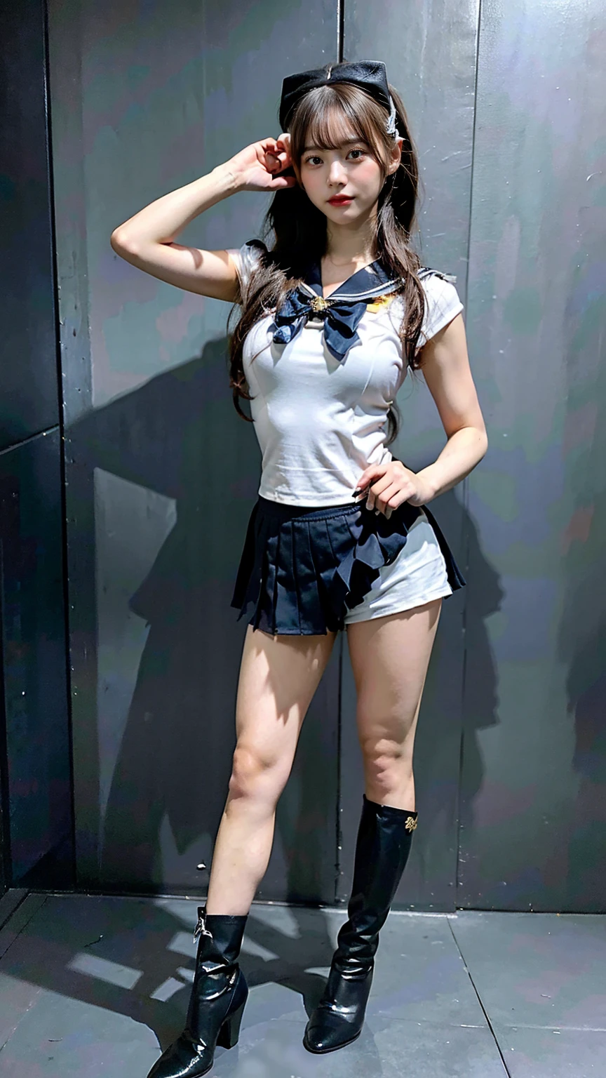 (8K、RAW Photos、Highest quality、masterpiece:1.2)、(Realistic、Realistic)、1 girl、((Sailor Warrior Outfits:1.5、With pubic hair、Large Breasts、Full body from the front、Standing with hands behind back、))、Lots of eyelashes、Glowing eyelids、skeletally correct、smile、This photo will awaken boys to sex、Public toilets