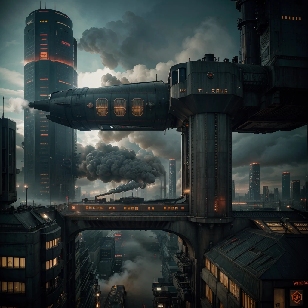 a huge futuristic metropolis style steam locomotive by firz lang, cyberpunk with two steamship-type chimneys parallel to each other, Jules Verne style, and very aggressive looking, cyber punk style, octane, dramatic colors. photographic and hyperrealistic.