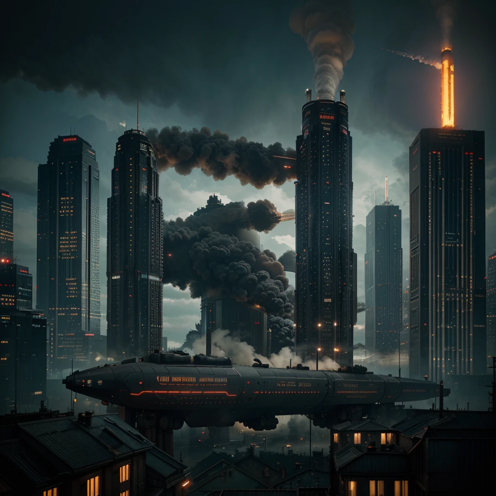 a huge futuristic metropolis style steam locomotive by firz lang, cyberpunk with two steamship-type chimneys parallel to each other, Jules Verne style, and very aggressive looking, cyber punk style, octane, dramatic colors. photographic and hyperrealistic.