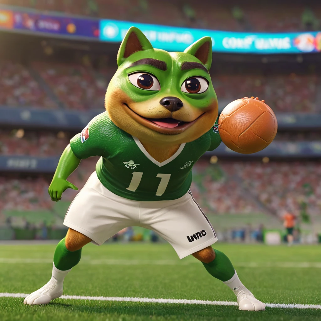 Pepe the frog playing football against shiba inu in the arena, detailed frog character, detailed shiba inu character, football stadium arena, dynamic action pose, colorful vibrant lighting, unreal engine, 8k, hyperrealistic, cinematic, award winning