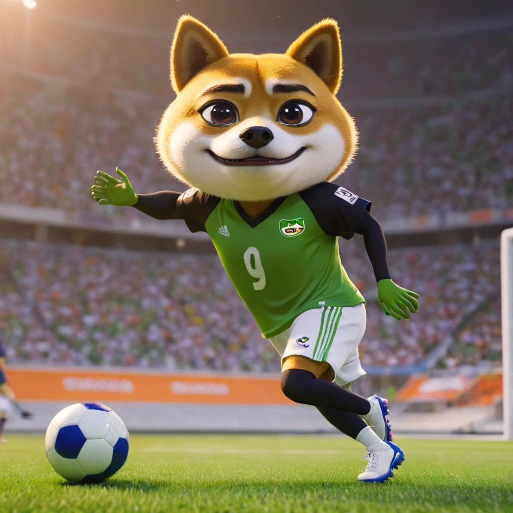 Pepe the frog playing football against shiba inu in the arena, detailed frog character, detailed shiba inu character, football stadium arena, dynamic action pose, colorful vibrant lighting, unreal engine, 8k, hyperrealistic, cinematic, award winning
