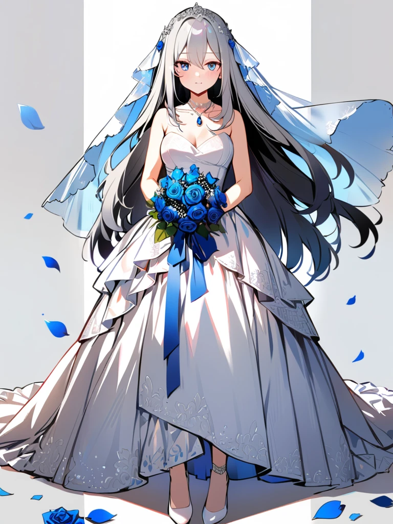 (((Best quality))),((Ultra-detailed)),((illustration)),((Disheveled hair)),((frilld)),(1 girl),(Solo),
1girl,
blue bow,
blue eyes,
blue flower,
blue ribbon,
blue rose,
bouquet,
breasts,
dress,
flower,
gradient,
gradient background,
grey background,
jewelry,
long hair,
necklace,
petals,
rose,
solo,
veil,
wedding dress,
white dress,
lexington \(warship girls r\),
gray hair,
long dress,
full body,
gray hair,