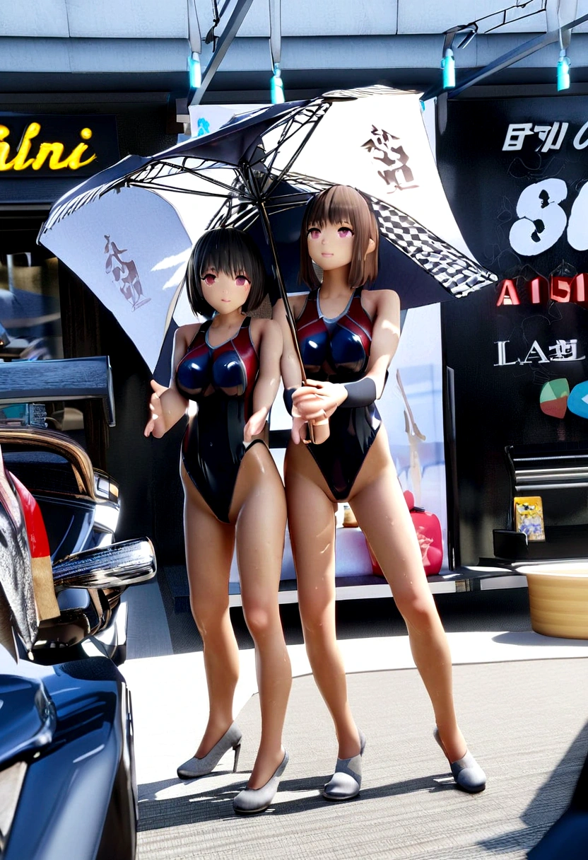 Short hair, 30-year-old Japanese woman、Big Breasts、Super High Leg Competitive Swimsuit Black、Black Stockings、 3d、Raising both arms