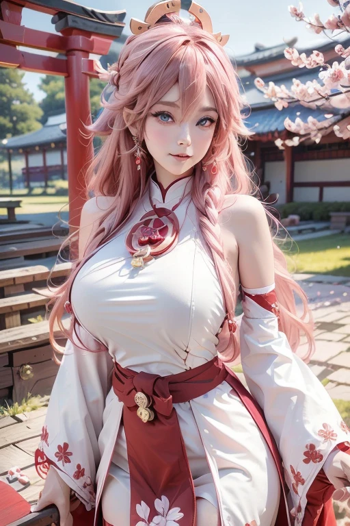 pink hair,masterpiece,extremely detailed,CG,2k wallpaper,Amazing,finely detail,extremely detailed CG unity 8k wallpaper,huge filesize,ultra-detailed,shenzi,1 girl,cosplay,Yaeko Nogi (Tokyo 7th Sisters),bright smile,confident eyes,super detailed face, blush, Detailed lips, (big eyes:1.4), Double eyelids,(long flowing hair:1.1),traditional shrine maiden outfit,red and white colors,tied-up hair,red ribbon,cherry blossom petals,torii gate background,holding a sacred staff,elegant posture,focused expression,outdoor shrine setting.,