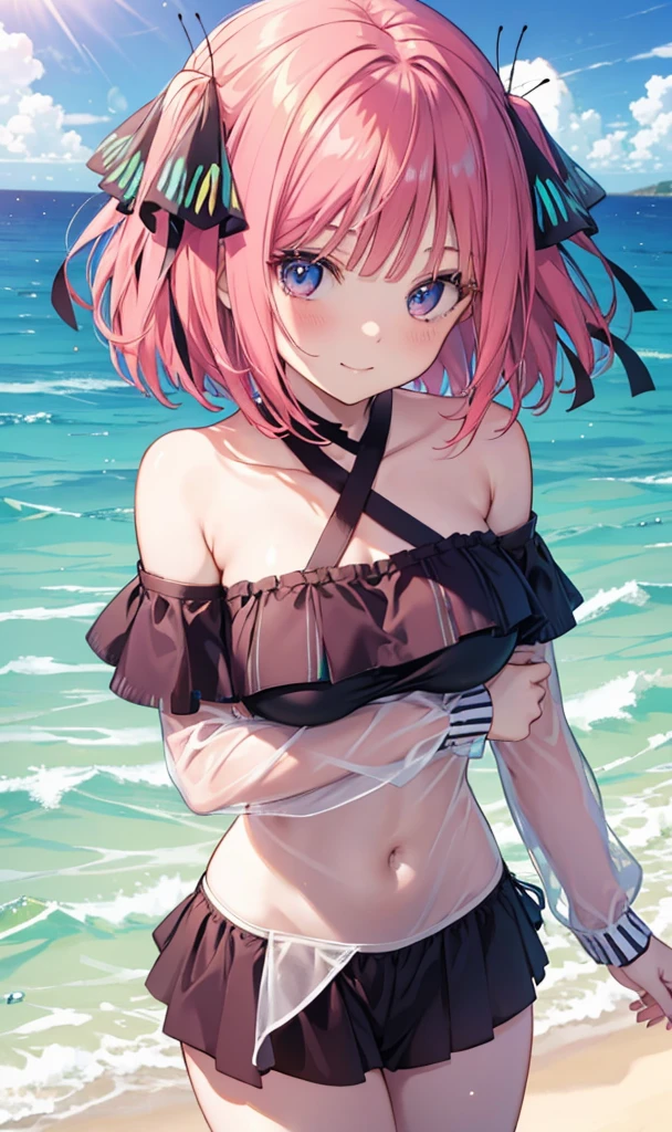 Nino Nakano is a character that appears in the anime "The Quintessential Quintuplets" 「The background is a sunny day at the sandy beach...」The eyes of this character are blue. My hairstyle is a bob cut with shockingpink color. This character is wearing a butterfly hair accessory. Please focus on this character. This character has a very lovely smile.high Quality. .. masterpiece,best quality,ultra detailed, My breast size is D cup. The background is a sunny day at the sandy beach. This character is wearing an off shoulder bikini. The off shoulder bikini has a pattern of purple and black stripes.