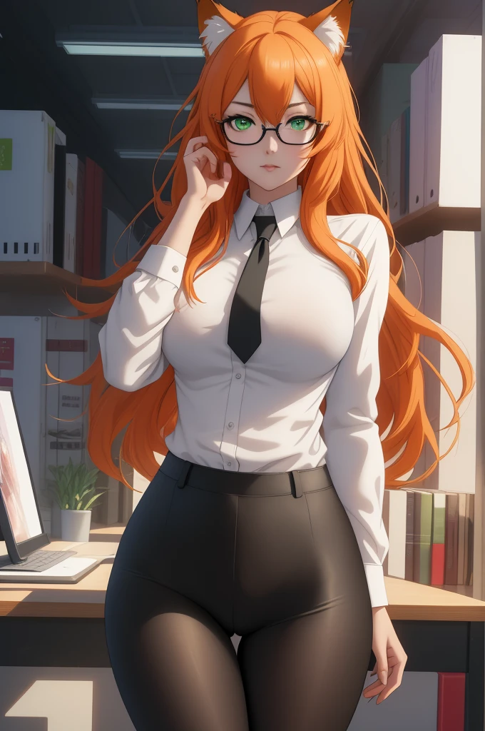 (masterpiece, Best quality), 8K, ultra detailed, realistic photo, Detailed face, perfect lighting, green eyes, bright orange hair, bright hair, fox ears, nice legs, side photo, beautiful, Cute, skin pores, 1 girl, perfect shirt, fully dressed, beautiful women 30 years old, Beautiful proportions, Russian woman, Caucasian, European, Business lady, stunningly beautiful woman, mother, thick legs, show ass, big breasts, (Thin white shirt:1.4), thick, hot, (White Office Wear:1.4), tight pants, (wide hips:1.2), thick, (white Office pants:1.3), spread your legs, Legs open, full length, wide hips, Glasses, with long orange hair, standing on the beach near the ocean, green eyes detailed digital anime art, cat ear, anime girl with long hair, гладкое аниме cg art, anime girl with long hair, digital anime art, work in Guweiz style, Beautiful anime portrait, Photorealistic render of an anime girl, pantyhose, Beautiful anime girl, advanced digital anime art, guweiz на artstation pixiv HD UHD HQ
