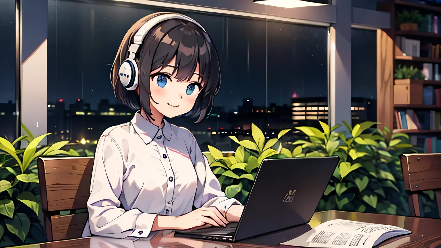 1girl, solo, blue eyes, (detailed eyes), gentle smile on her face flat chest, short hair, black hair, upper body, wearing a white dress shirt ((masterpiece, illustration, best quality)) rainy night, a girl studying while listening to music with headphones, the night view is very beautiful with beautiful candle on her table. there are plants in the background, She is typing her laptop with a beautiful night view with books and plants in the background with coffee on the desk
