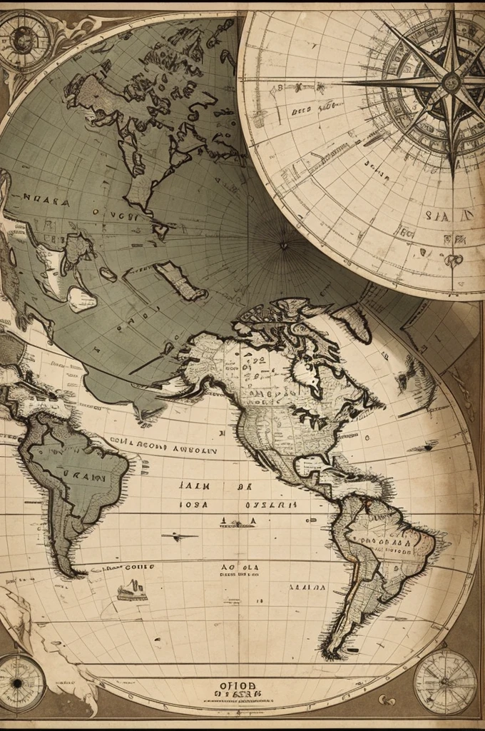 An image of an old world map, with a compass at his side pointing to a mysterious point on the horizon