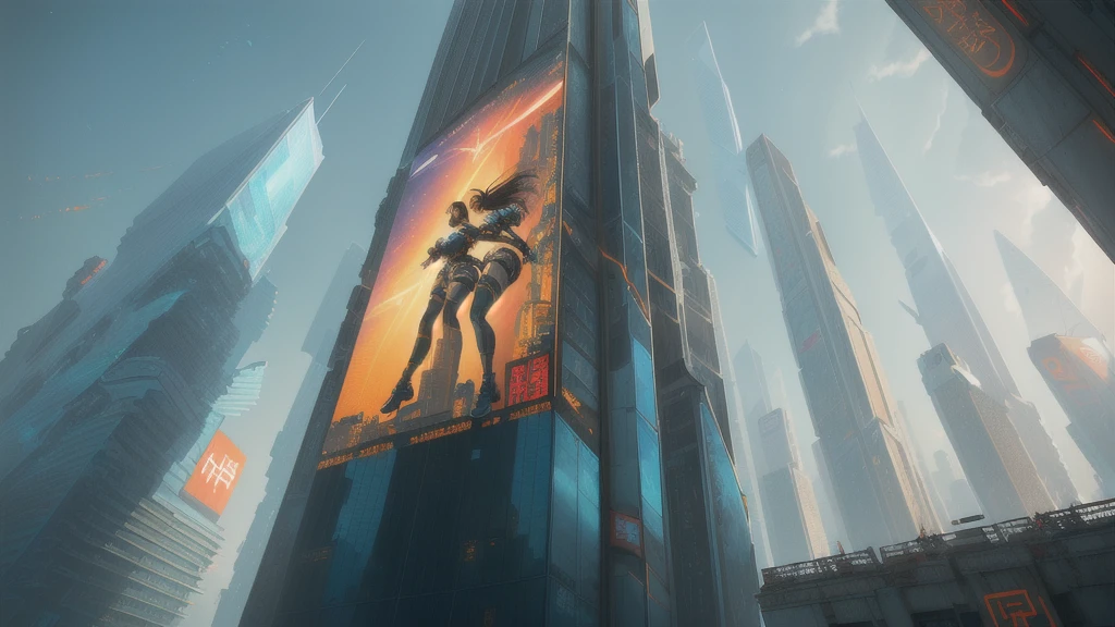 there is a woman that is standing in a window of a building, chell from portal, chell, highly detailed giantess shot, extremely detailed giantess shot, megatall building, perched on a skyscraper, giantess, mirrors edge art style, overlaid with chinese adverts, corporate holograms, cyberpunk ads, sins inc skyscraper front, overwatch building