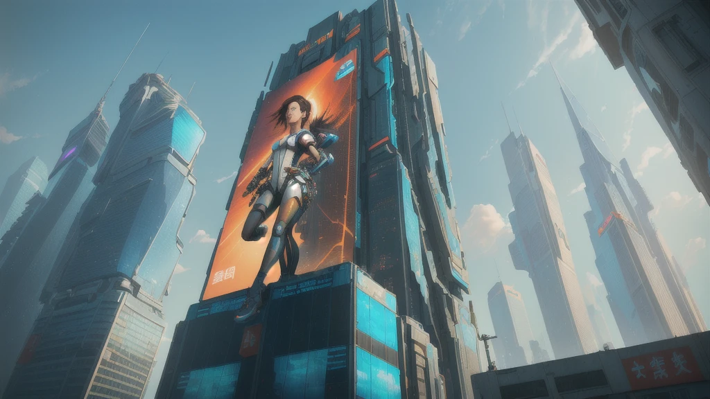 there is a woman that is standing in a window of a building, chell from portal, chell, highly detailed giantess shot, extremely detailed giantess shot, megatall building, perched on a skyscraper, giantess, mirrors edge art style, overlaid with chinese adverts, corporate holograms, cyberpunk ads, sins inc skyscraper front, overwatch building