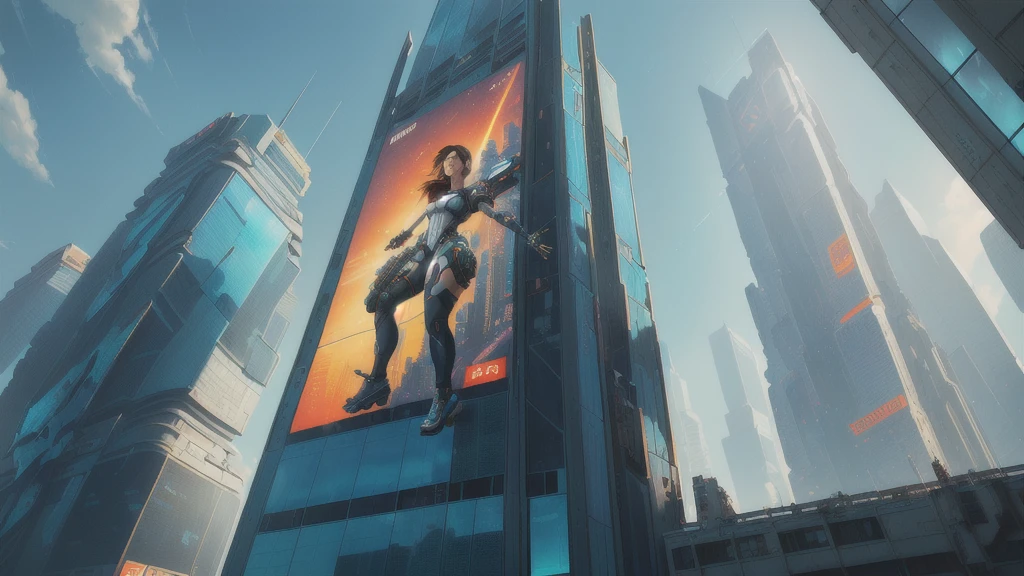 there is a woman that is standing in a window of a building, chell from portal, chell, highly detailed giantess shot, extremely detailed giantess shot, megatall building, perched on a skyscraper, giantess, mirrors edge art style, overlaid with chinese adverts, corporate holograms, cyberpunk ads, sins inc skyscraper front, overwatch building