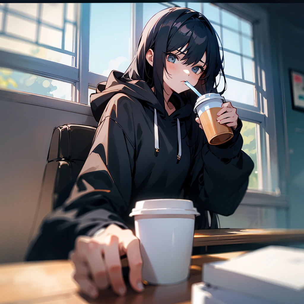 1 girl, black hoodie, long hair, super beautiful, cool, intimidation, black hair, drinking coffee, window