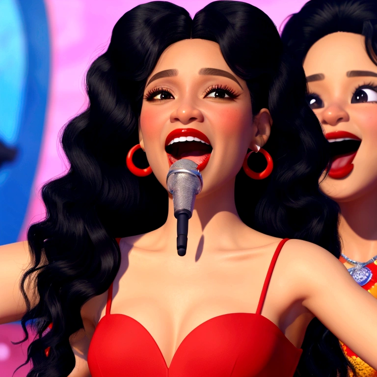 Create a 35 year old BLACK Brazilian woman, CURLY HAIR Pixar style character with black eyes, Long black hair, Big mouth with red lipstick SINGING ON A STAGE.