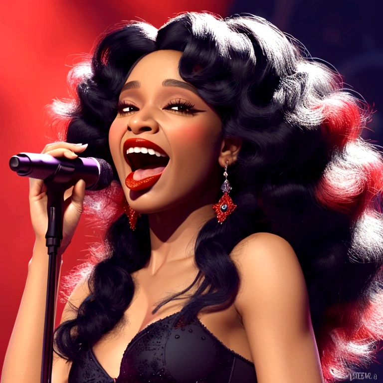 Create a 35 year old BLACK Brazilian woman, CURLY HAIR Pixar style character with black eyes, Long black hair, Big mouth with red lipstick SINGING ON A STAGE.