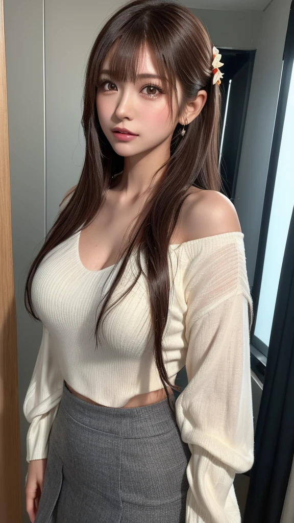 Beautiful details, suit, Natural Lip, Big Breasts, Natural Hair, Office Room,A revealing skirt、(Reddish brown wet shiny hair)、(Floral編み込みカチューシャ、Half Up、Floral,),(Space Blade、Voluminous fishtail braid、Twisted pan、)、(The bangs are see-through)、hairpin、hair ornaments、Blushing cheeks、Pointed red mouth、Large Breasts、Perfect body curves、Beautiful clavicle、Wet Hair、Wet Face、Wet body、Wet Skin、Wet costume、Detailed clothing features、Detailed hair features、Detailed facial features、Looking into the camera、(Dynamic Angle)、(Dynamic and sexy pose) )、Cinema Lighting、(masterpiece、Highest quality、Ultra-high resolution output images、Write Boundary Depth、Intricate details、Add depth to your subject with contrast between light and shadow、)、Digital Illustration、Single-lens reflex camera、(Realistic:1.3)、(8K quality、Anatomically correct facial structure、)、(Picture Mode Ultra HD、)