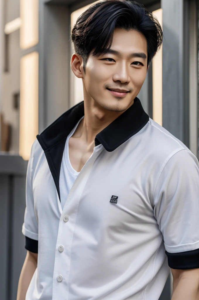 ((Best Quality, 8k, artwork: 1.3))、cool korean man, 120 year old man、long korean style、robust face、nice nose、detailed eyes and face、beautiful lighting、(studio)、high resolution、 (visible to the public)、mouth details、fine mouth、,smiles、whole body: 1.5, perfect body figure: 1.photo of both shoulders:1.3, Wearing a white t-shirt and a casual black coat.:1.5, accessories : (men's earrings, Necklaces, men'Rings, men'watches)