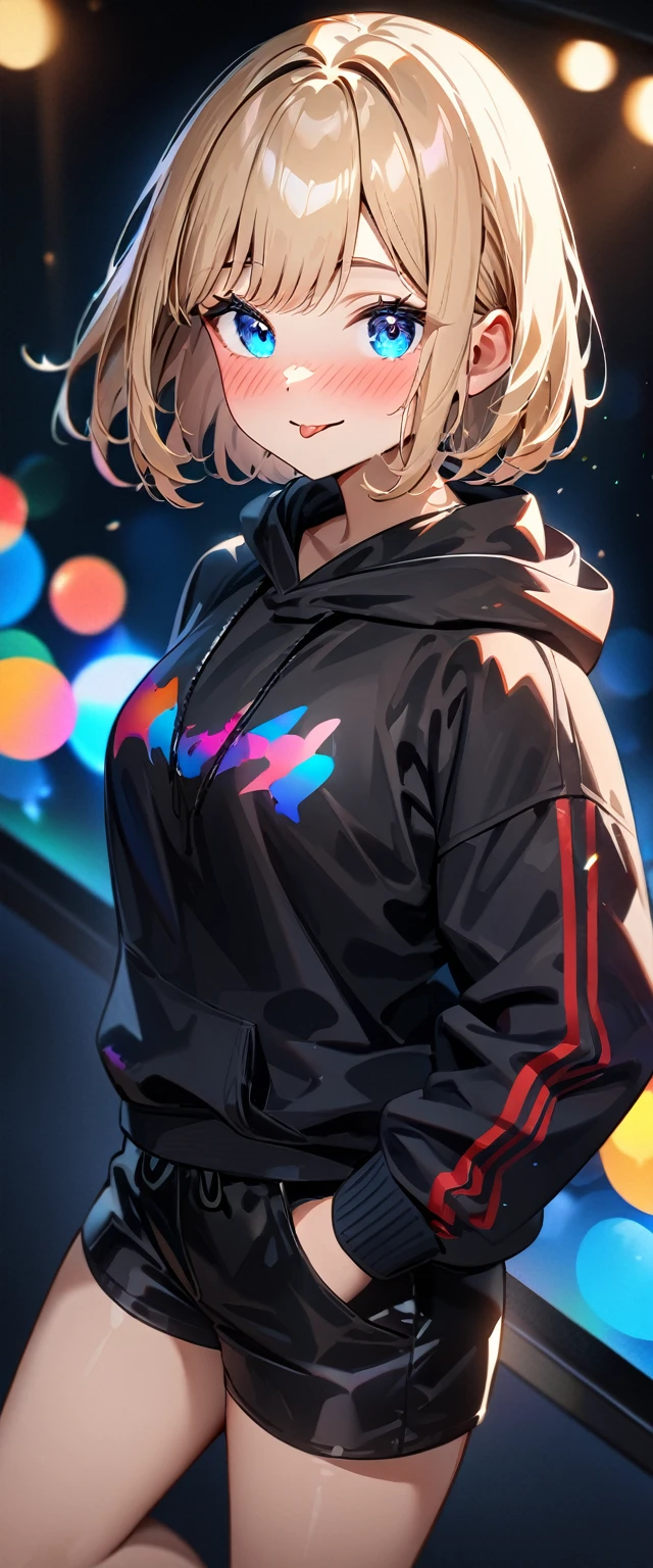 (((One girl))), blond hair, bob cut, (upper body), (looking at viewer), breasts, ager, head tilt:1.3, (((blue eye))), (from side), hand in pocket, ((happy smile)), ((full face blush)), tongue out, black hoodie, black shorts, anime style, (best quality, 4k, 8k, highres, masterpiece:1.2, ultra-detailed, ultra-detailed eyes, HDR, UHD, studio lighting, ultra-fine painting, sharp focus, physically-based rendering, extreme detail description, professional, vivid colors, bokeh)