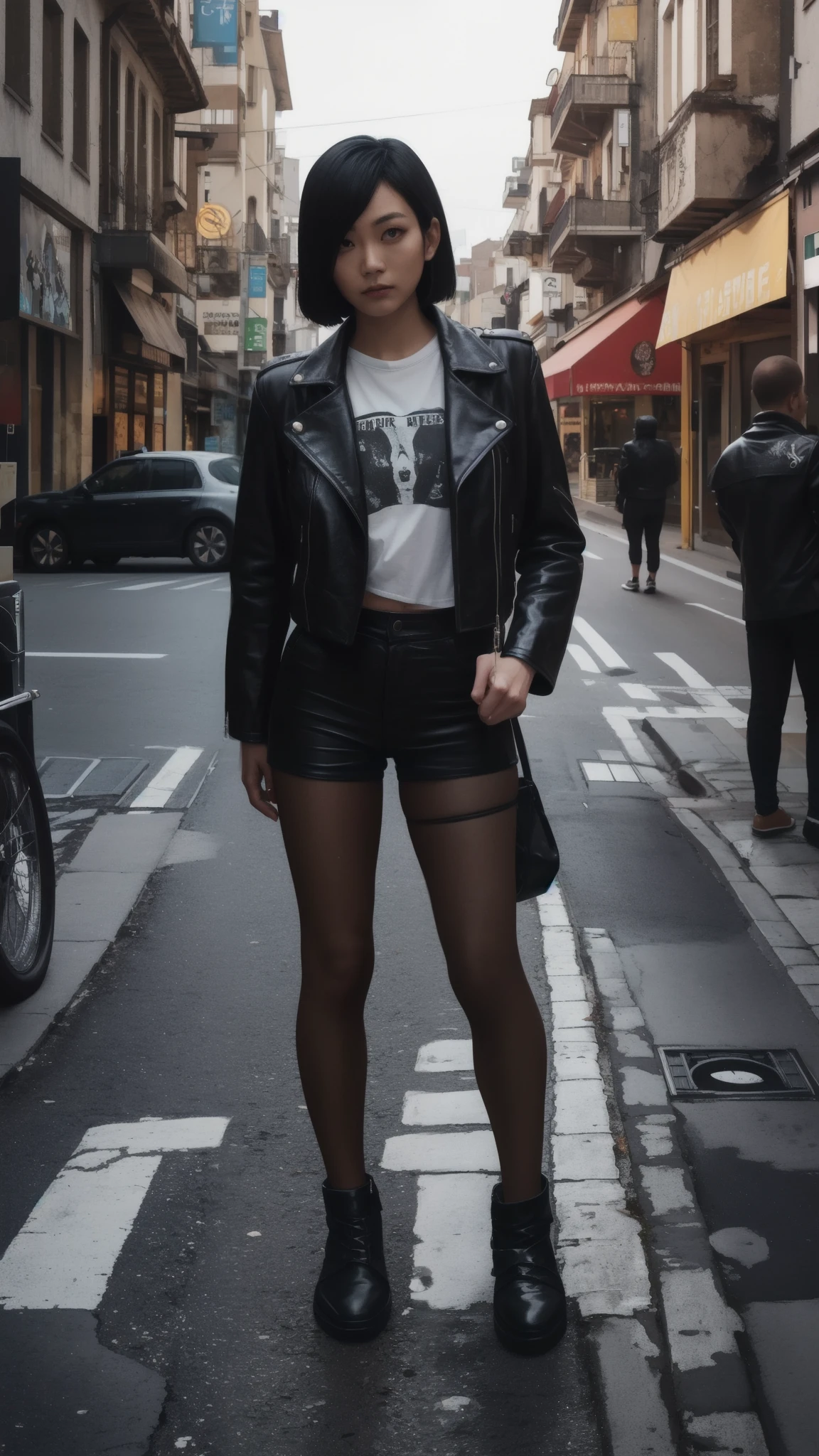 a woman standing in the middle of a city street, very aesthetic leather jacket, t-shirt, Asian face, full body camera, Europe, fierce eyes, film, short straight hair, plague in the background, she is looking at us, mndngwmn, (8K, Artwork), (high quality), wears a leather jacket, on the street