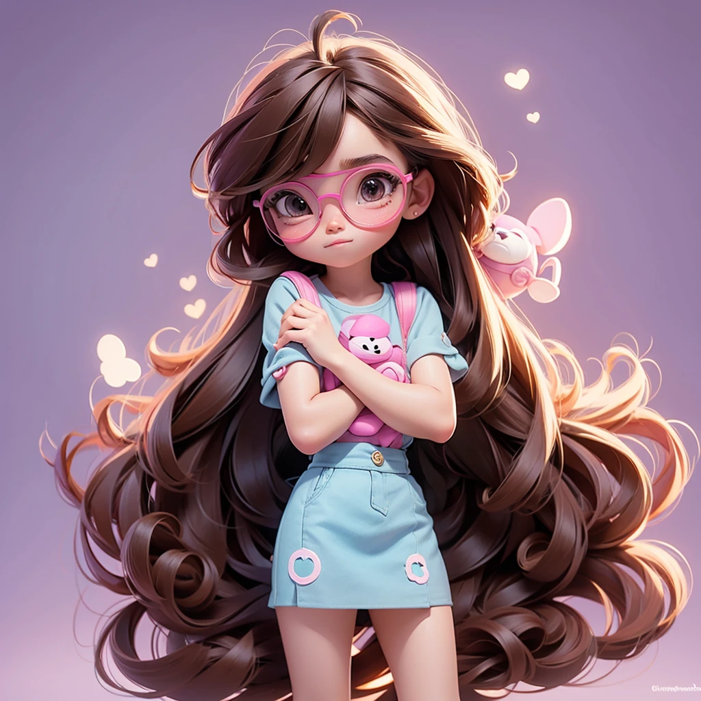 create a Disney-style character from the Lilo and Stitch cartoon of an 8-year-old girl with long straight light brown hair, wearing square pink glasses, hugging Stitch.