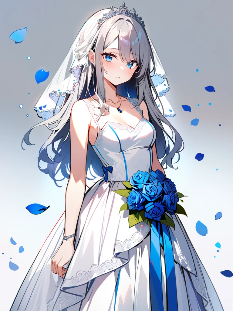 (((Best quality))),((Ultra-detailed)),((illustration)),((Disheveled hair)),((frilld)),(1 girl),(Solo),
1girl,
blue bow,
blue eyes,
blue flower,
blue ribbon,
blue rose,
bouquet,
breasts,
dress,
flower,
gradient,
gradient background,
grey background,
jewelry,
long hair,
necklace,
petals,
rose,
solo,
veil,
wedding dress,
white dress,
lexington \(warship girls r\),
gray hair,
long dress,
gray hair,