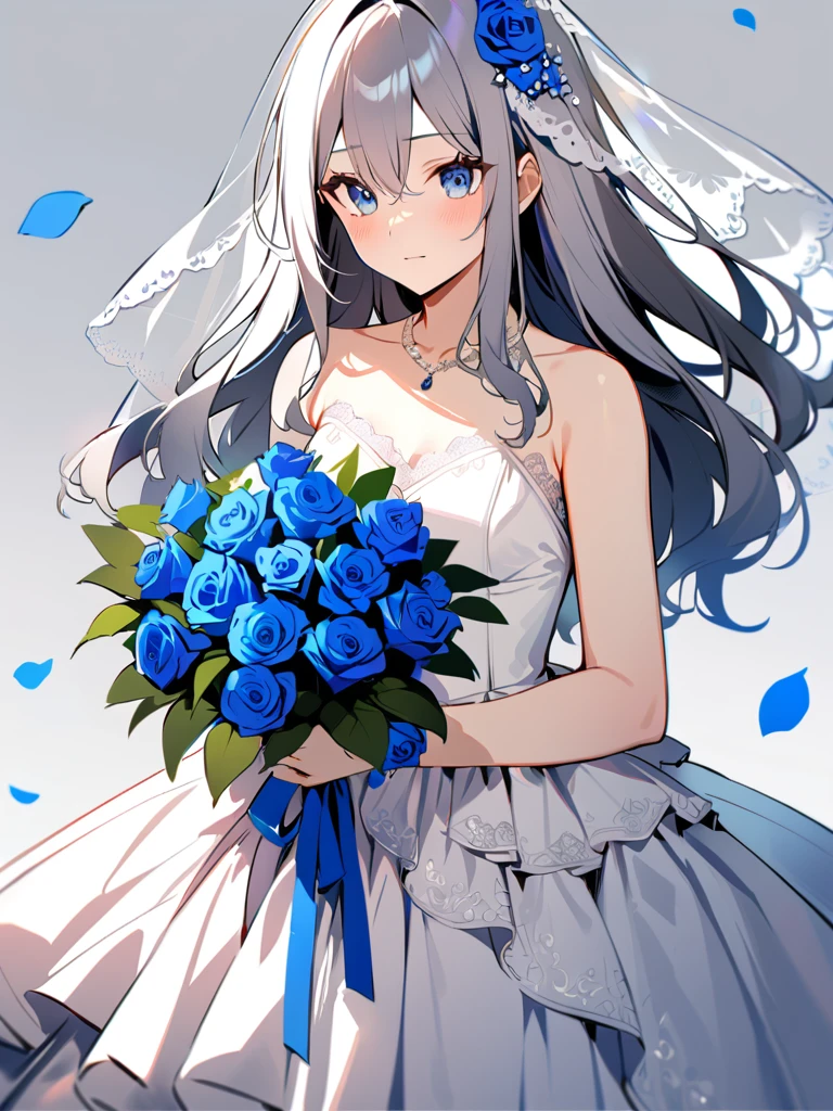 (((Best quality))),((Ultra-detailed)),((illustration)),((Disheveled hair)),((frilld)),(1 girl),(Solo),
1girl,
blue bow,
blue eyes,
blue flower,
blue ribbon,
blue rose,
bouquet,
breasts,
dress,
flower,
gradient,
gradient background,
grey background,
jewelry,
long hair,
necklace,
petals,
rose,
solo,
veil,
wedding dress,
white dress,
lexington \(warship girls r\),
gray hair,
long dress,
gray hair,