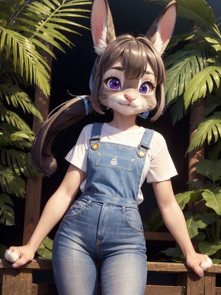 Highest quality,
masterpiece,
Ultra-realistic,
Super detailed,
Beautiful details,
4K,8K,upper,
Photo realistic,
medium Shot,
((Background is Forest)),
Realistic lighting,
((Anthropomorphic cat)),
((woman body)),
((7heads tall)),
Detailed animals,
Complex patterns,
(Furry:1.35),
(All skin is grey:1.3),
(The body is fluffy and bushy:1.3),
Realistic fur,
Human hand,
(((Judy Hopps face))),
((Aoki Reika facial expression)),
((ponytail)),
((see-through bangs)), bangs,
((dark brown hair color)),
Purple eyes,
{Eye highlights, Clear eyes, Eyes sparkling, round pupils},
Detailed Iris,
(Eyebrows raised:1.2),
(Crescent eyebrows:1.3),
(cat ears:1.3),
raised corners of mouth,
The lady is wearing a T-shirt and an apron, jeans underneath,
((White T-shirt)) BREAK ((dark brown apron)) BREAK ((cyan jeans)),
(solo:1.5),
(1girl:1.5),
Only 1 character,
Perfect Anatomy,
Lighting front,
Lighting forward,
Intricate details,
Ray Tracing,
Realistic,