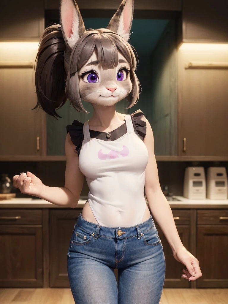 Highest quality,
masterpiece,
Ultra-realistic,
Super detailed,
Beautiful details,
4K,8K,upper,
Photo realistic,
medium Shot,
((Background is Forest)),
Realistic lighting,
((Anthropomorphic cat)),
((woman body)),
((7heads tall)),
Detailed animals,
Complex patterns,
(Furry:1.35),
(All skin is grey:1.3),
(The body is fluffy and bushy:1.3),
Realistic fur,
Human hand,
(((Judy Hopps face))),
((Aoki Reika facial expression)),
((ponytail)),
((see-through bangs)), bangs,
((dark brown hair color)),
Purple eyes,
{Eye highlights, Clear eyes, Eyes sparkling, round pupils},
Detailed Iris,
(Eyebrows raised:1.2),
(Crescent eyebrows:1.3),
(cat ears:1.3),
raised corners of mouth,
The lady is wearing a T-shirt and an apron, jeans underneath,
((White T-shirt)) BREAK ((dark brown apron)) BREAK ((cyan jeans)),
(solo:1.5),
(1girl:1.5),
Only 1 character,
Perfect Anatomy,
Lighting front,
Lighting forward,
Intricate details,
Ray Tracing,
Realistic,
