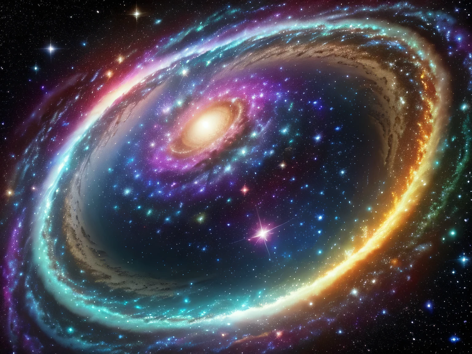 Ultra realistic, Create a stunning galaxy called the Mystical Etherion Galaxy. This galaxy should be a fusion of vibrant colors like purple, blue and green, with bright nebulae and twinkling star fields. At the center, a huge black hole must be surrounded by a luminous accretion disk, emanating rays of energy in all directions. Scattered throughout the galaxy, there should be stars of different sizes and colors, including exploding supernovae and young stars being born. Gas nebulae and cosmic dust are supposed to create ethereal shapes, almost like the brushstrokes of a cosmic artist. Add some exotic planets with glowing rings and moons floating around them. The overall feeling should be one of wonder and mystery, capturing the beauty and vastness of the universe."