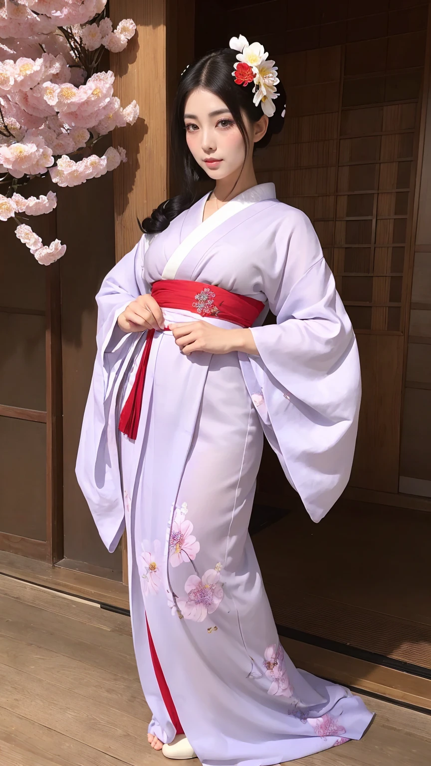 (((Full body angle:1.5)))、(((Beautiful posture full body photo)))、Takageta、White tabi、Anime Style、(((Takagetaで歩く芸者:1.5)))、(((Beautiful appearance)))、A woman in her 40s wearing a kimono with a beautiful flower hair ornament, Geisha Makeup, Portrait of a Geisha画, Geisha Makeup, Cute face、Thin eyebrows、Portrait of a Geisha, Beautiful geisha, Japanese Geisha, Glamorous and sexy geisha, Beautiful geishaの肖像画画, Portrait of a Geisha, Geisha hairstyle, remarkable Geisha Makeup