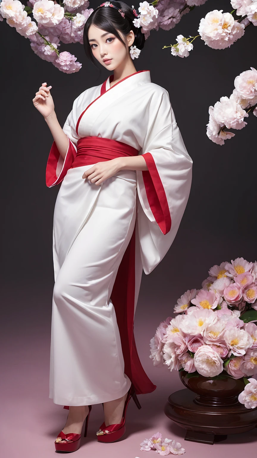 (((Full body angle:1.5)))、(((Beautiful posture full body photo)))、Takageta、White tabi、Anime Style、(((Takagetaで歩く芸者:1.5)))、(((Beautiful appearance)))、A woman in her 40s wearing a kimono with a beautiful flower hair ornament, Geisha Makeup, Portrait of a Geisha画, Geisha Makeup, Cute face、Thin eyebrows、Portrait of a Geisha, Beautiful geisha, Japanese Geisha, Glamorous and sexy geisha, Beautiful geishaの肖像画画, Portrait of a Geisha, Geisha hairstyle, remarkable Geisha Makeup