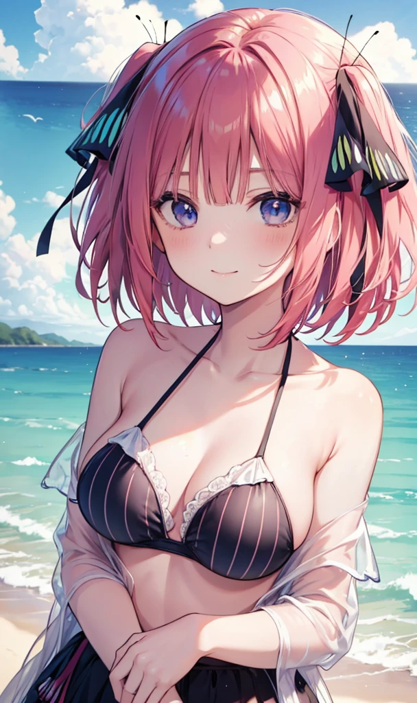 Nino Nakano is a character that appears in the anime "The Quintessential Quintuplets" 「The background is a sunny day at the sandy beach...」The eyes of this character are blue. My hairstyle is a bob cut with shockingpink color. This character is wearing a butterfly hair accessory. Please focus on this character. This character has a very lovely smile.high Quality. .. masterpiece,best quality,ultra detailed, My breast size is D cup. The background is a sunny day at the sandy beach. This character is wearing an off shoulder bikini. The off shoulder bikini has a pattern of purple and black stripes.