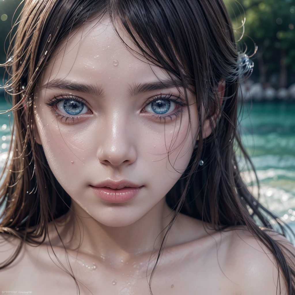 a beautiful detailed anime girl wearing a bikini, extremely detailed face, beautiful sparkling eyes, long eyelashes, detailed facial features, wet hair, water droplets, soft skin, intricate details, photorealistic, hyper-detailed, 8k, high resolution, masterpiece, vibrant colors, dramatic lighting, dramatic atmosphere, cinematic framing, digital art, anime style