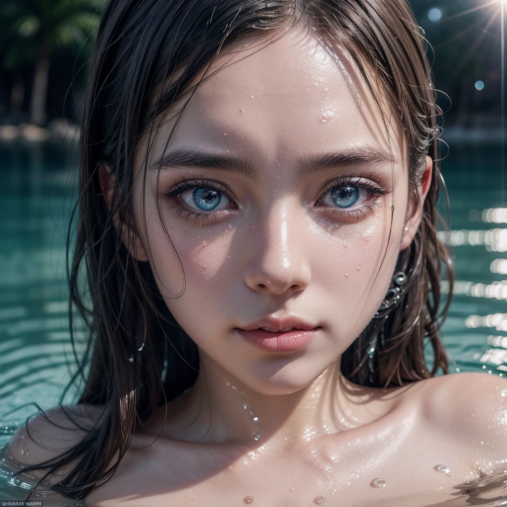 a beautiful detailed anime girl wearing a bikini, extremely detailed face, beautiful sparkling eyes, long eyelashes, detailed facial features, wet hair, water droplets, soft skin, intricate details, photorealistic, hyper-detailed, 8k, high resolution, masterpiece, vibrant colors, dramatic lighting, dramatic atmosphere, cinematic framing, digital art, anime style