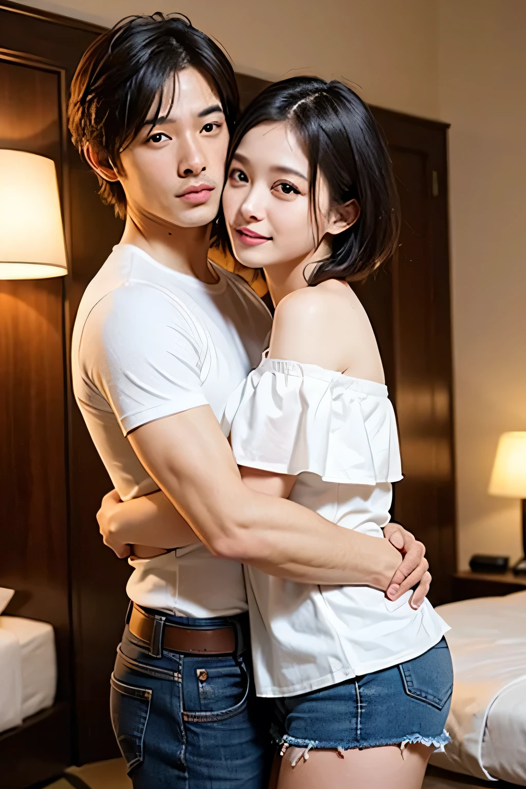 Adult sister, 25 years old,Cute like an idol,Underwear at home, Hugging my  brother, My brother has a good look on his face., An older sister in underwear hugs her younger, shorter brother