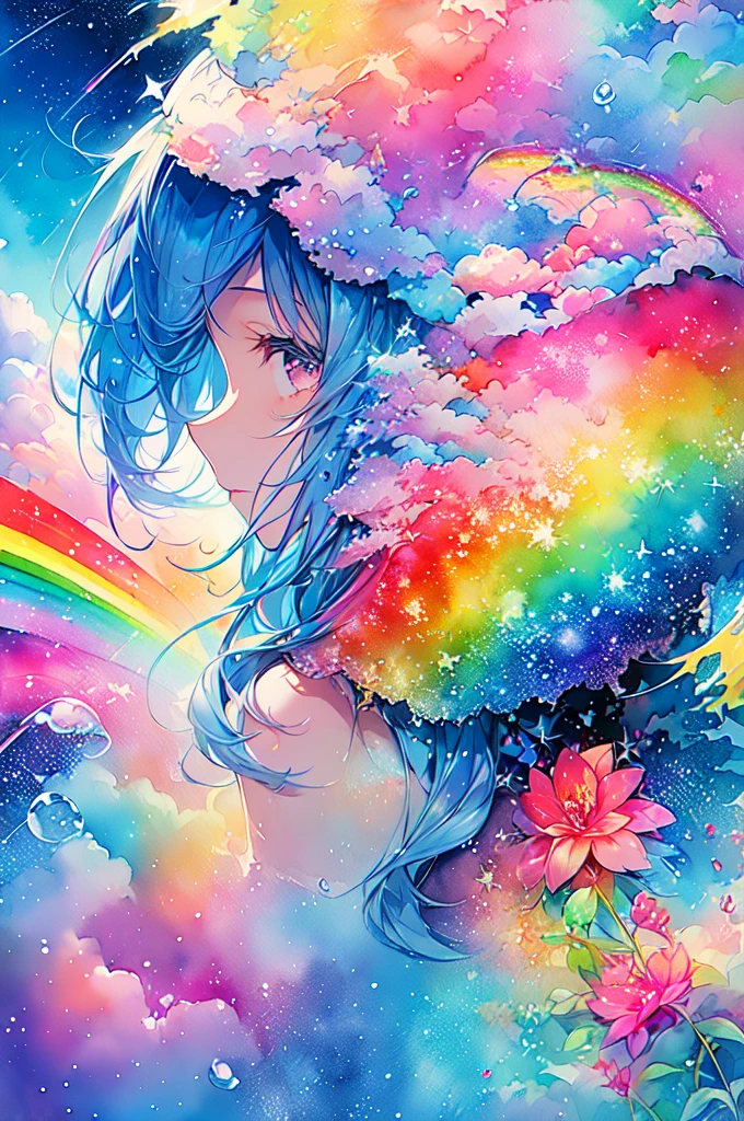 (masterpiece, Highest quality, Highest quality,watercolor (Moderate),Official Art, beautifully、beautiful:1.2),(1 Girl:1.3), (Fractal Art:1.3),Upper Body, From the side, Looking at the audience,pattern,(Rainbow Hair,colorful hair,Half blue、Half pink hair:1.2),water,liquid, cloud,colorful, Starry Sky,performer,