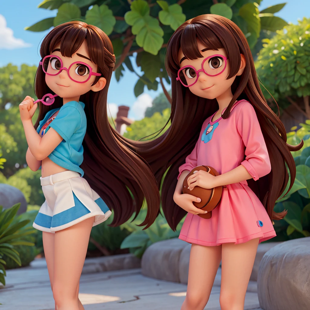 create a Disney-style character from the Lilo and Stitch cartoon of an *************** with long straight light brown hair, wearing square pink glasses, hugging Stitch.