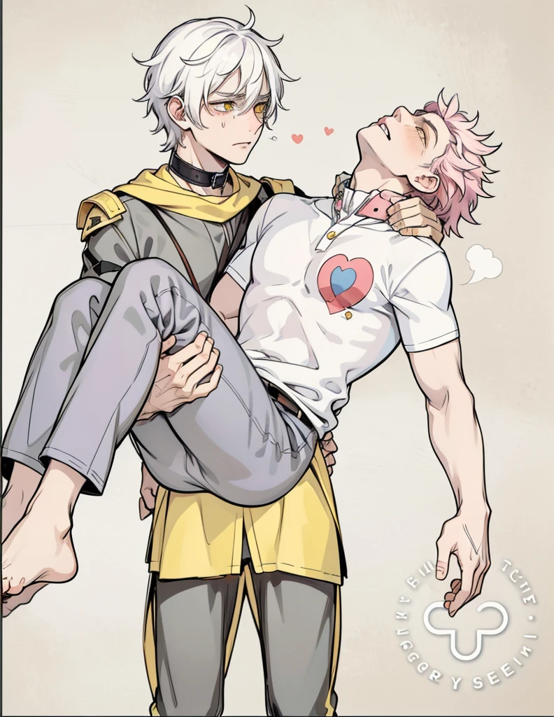 yellow eyes he is crying and sad seeing his dead friend 18 year old man yellow eyes he is sad he has tears on his face white hair he carries a dead young man with pink hair in his arms he has a white school shirt with a purple collar