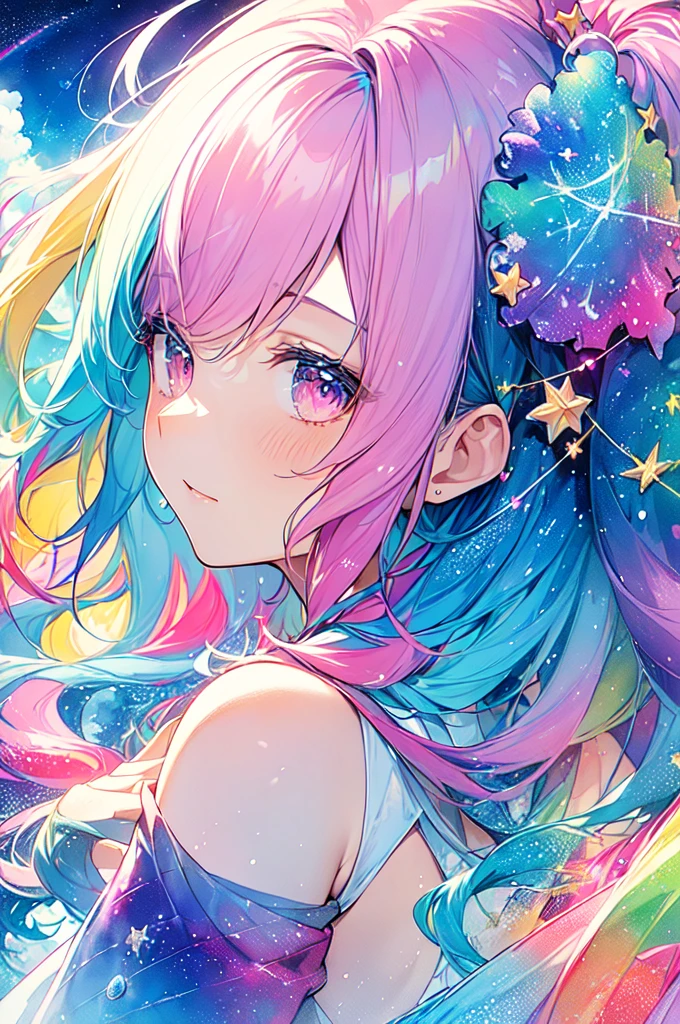 (masterpiece, Highest quality, Highest quality,watercolor (Moderate),Official Art, beautifully、beautiful:1.2),(1 Girl:1.3), (Fractal Art:1.3),Upper Body, From the side, Looking at the audience,pattern,(Rainbow Hair,colorful hair,Half blue、Half pink hair:1.2),water,liquid, cloud,colorful, Starry Sky,performer,