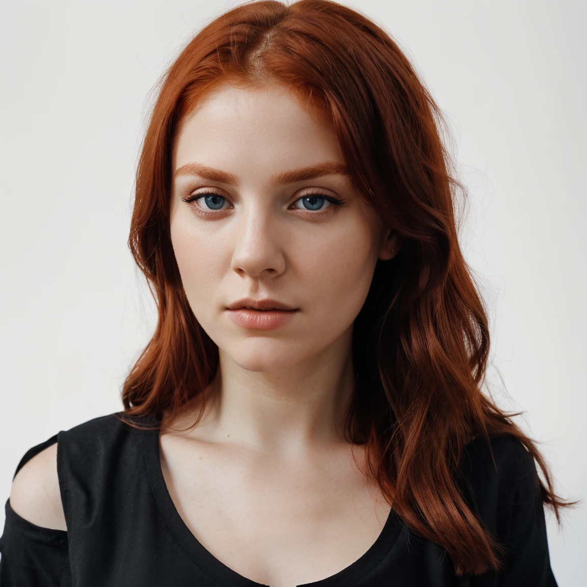 front view, looking at camera, RAW photo,((black shirt:1.2)), ((portrait)),beautiful red hair 30 years old woman, blue eyes, perfecteyes eyes, angelical face ((white background:1.2)), studio lighting, high quality, film grain, Fujifilm XT3, centralized
