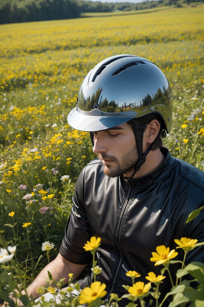 A man with a helmet lying in a field of flowers