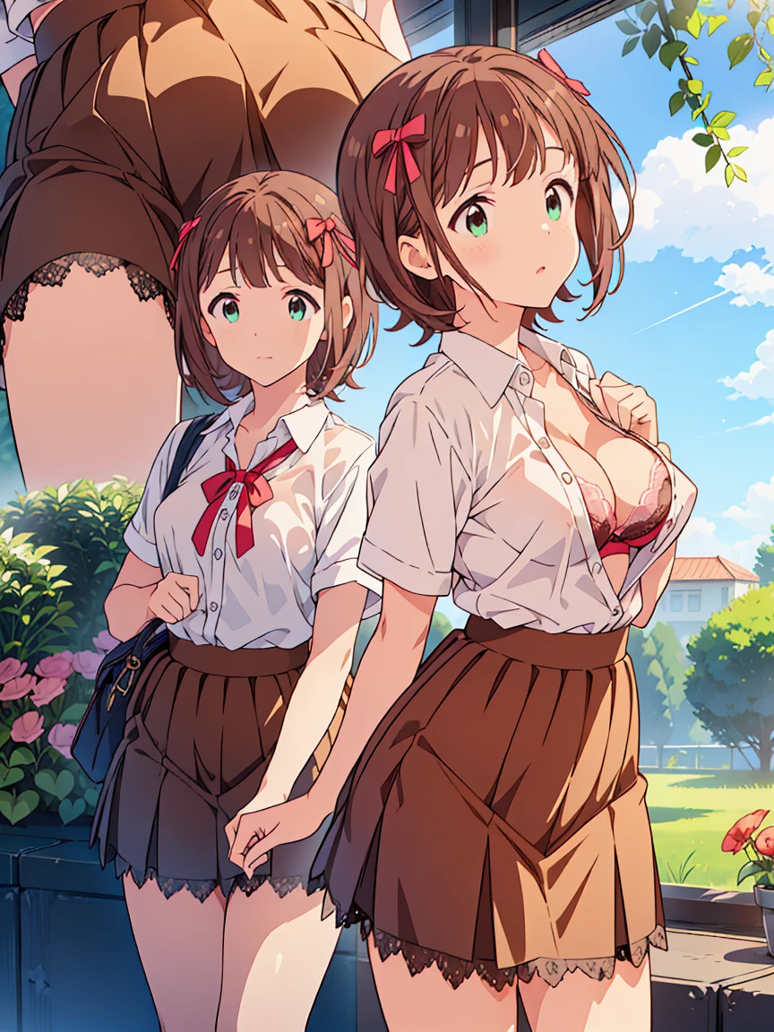 ((1 Girl)) ((Idol Master、Haruka Amami))Happy,Outdoor，garden((Multiple Views))(whole body,Low Angle,Lace panties)(Tight Skirt、Pencil Skirt、)(Unbutton your shirt、Lace bra),Brown Hair、Nipples