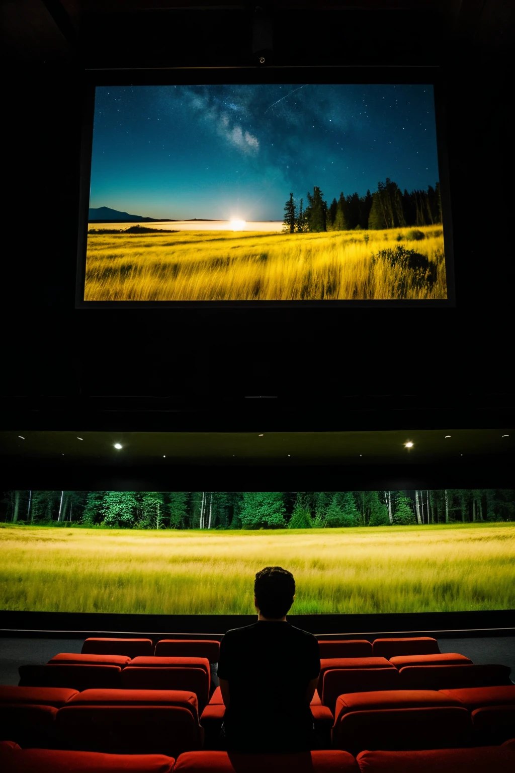 Give me a natural environment next to a movie screen at night
