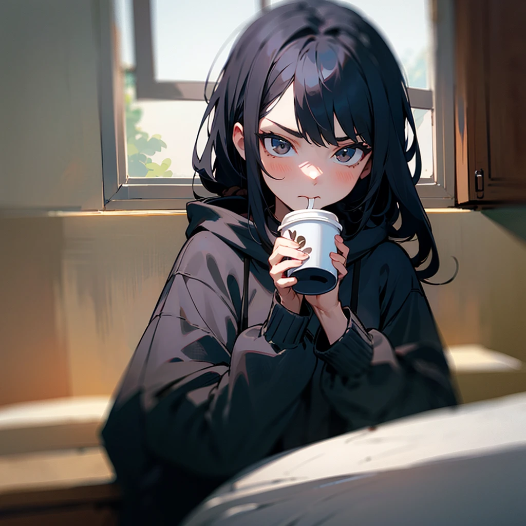 1 girl, black hoodie, long hair, beautiful face, cool, intimidation, black hair, drinking coffee, window, kitchen