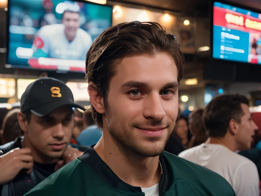 (((upper body, handsome 35 year old desirable caucasian man with distinguished features celebrating with friends at a crowded sports bar))), (TVs in background, confetti, bokeh), (light brown medium length hair, cropped sides, clean shaved face, intriguing green eyes), athletic build, seductive smile with excited expression, detailed depiction of facial features, perfectly symmetrical face, bright indoor lighting masterfully accentuates his excellent features