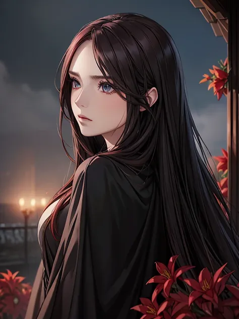 elegant woman in dark cloak, beautiful detailed eyes, extremely detailed face, long silver hair with flowers, one eye partially ...